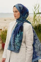 ED Scarf / Elegant Desen Pamuk İpek Şal - Lacivert